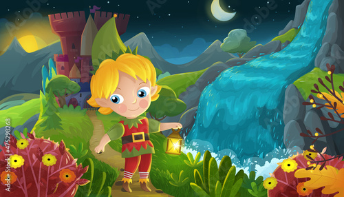 cartoon scene with forest elf and castle illustration