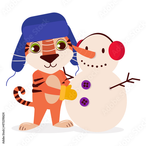 Сute tiger in a hat with earflaps sculpts a snowman. Vector graphic.