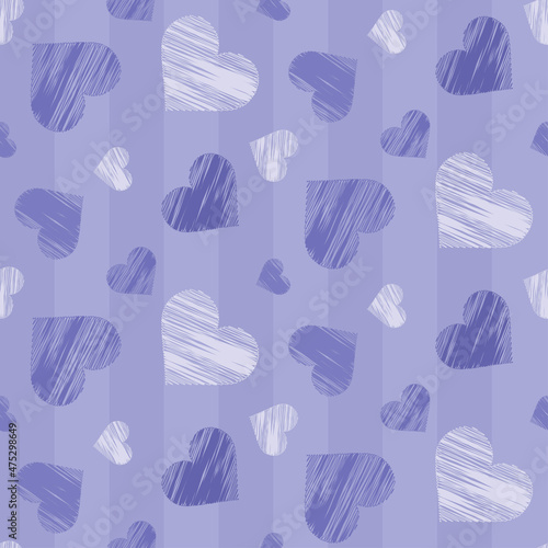 seamless pattern of hearts drawn with strokes on a striped background and painted in shades of purple very peri