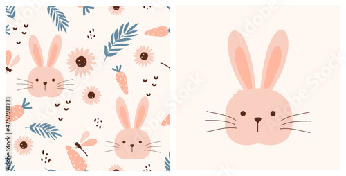 Vászonkép Seamless pattern with rabbit face, daisy flower, leaf and carrot on pastel background vector illustration