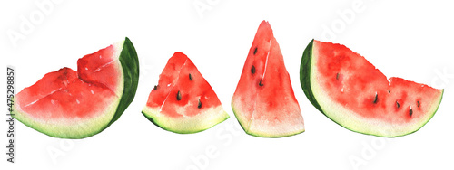 Fototapeta Naklejka Na Ścianę i Meble -  set of watercolor fruits. watermelon, pieces of red watermelon. isolated objects on white background. hand drawing for window dressing, books and postcards.