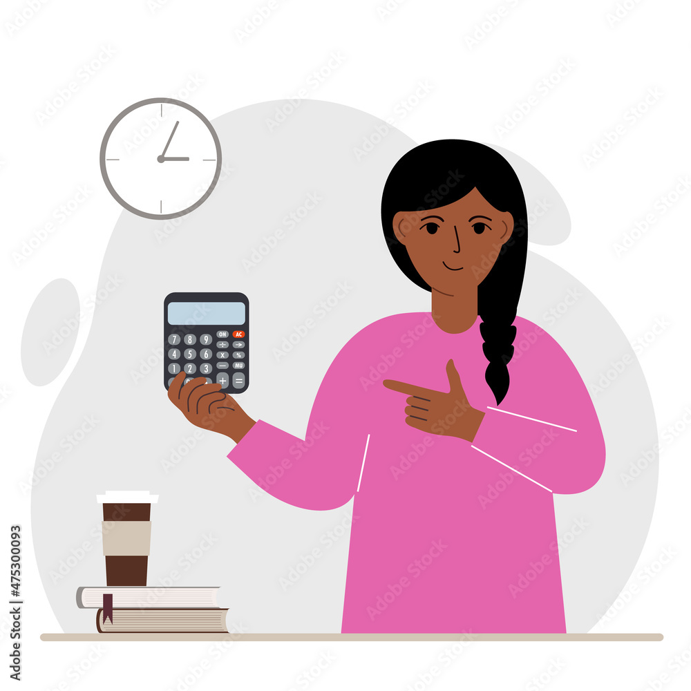 Happy woman holds a digital calculator in his hand and gestures with his other hand to the calculator. Happy woman holds a digital calculator in his hand and gestures with his other hand to the calculator.