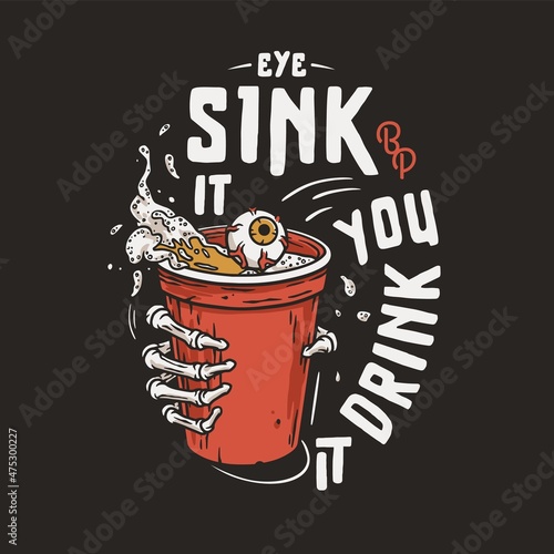 Beer pong game. T-shirt print with beer cups and flying ball for design competition in bar. Alcohol sport with and skeleton hand, eye or eyeball and throw and drink. College challenge with booze