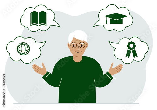 Happy granddad with thoughts about learning. Internet profession, higher education, stock exchange, financial literacy. Various icons about education.