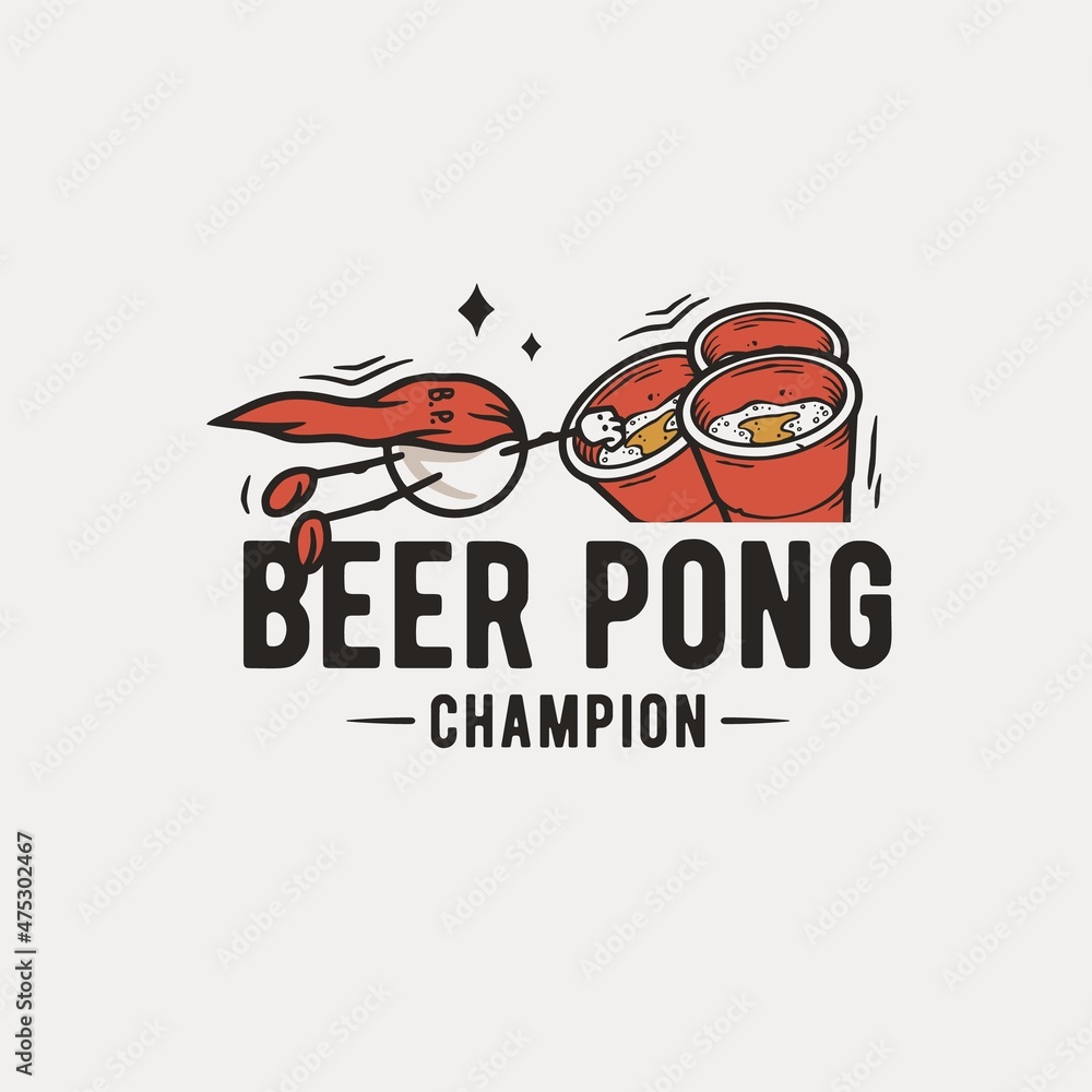 Beer pong game. T-shirt print with beer flying ball man for design competition or tournament in bar. Alcohol sport with throw and drink. College challenge with booze