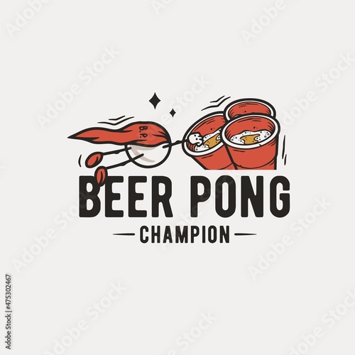 Beer pong game. T-shirt print with beer flying ball man for design competition or tournament in bar. Alcohol sport with throw and drink. College challenge with booze
