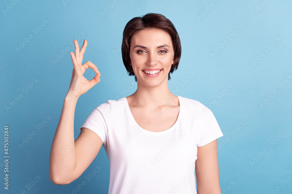 Photo of young cheerful lady promoter show okey symbol ads choose approve isolated over blue color background Photo of young cheerful lady promoter show okey symbol ads choose approve isolated over blue color background