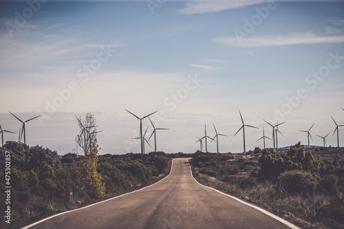 Photo Wind turbines for electric power production, Zaragoza Province, Aragon in Spain