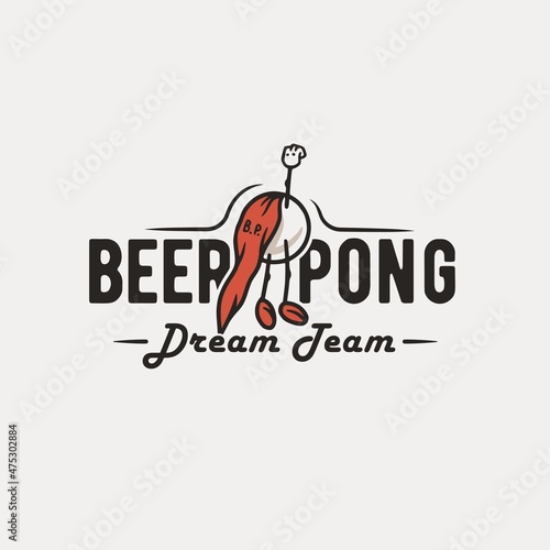 Beer pong game. T-shirt print with beer flying ball man for design competition or tournament in bar. Alcohol sport with throw and drink. College challenge with booze