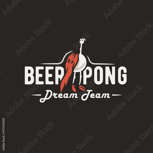 Beer pong game. T-shirt print with beer flying ball man for design competition or tournament in bar. Alcohol sport with throw and drink. College challenge with booze