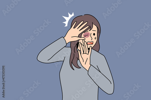 Home abuse and harassment concept. Young afraid scared terrified woman standing covering face with bruise with hands ready for next push vector illustration 