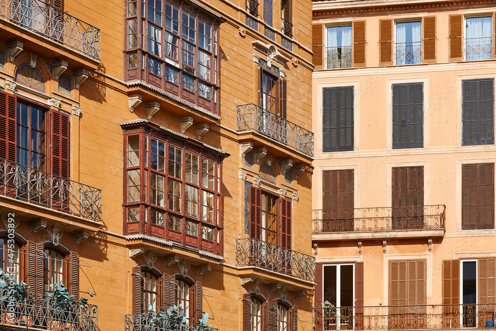 Traditional buildings facades in Mallorca destination. Balearic islands. Spain