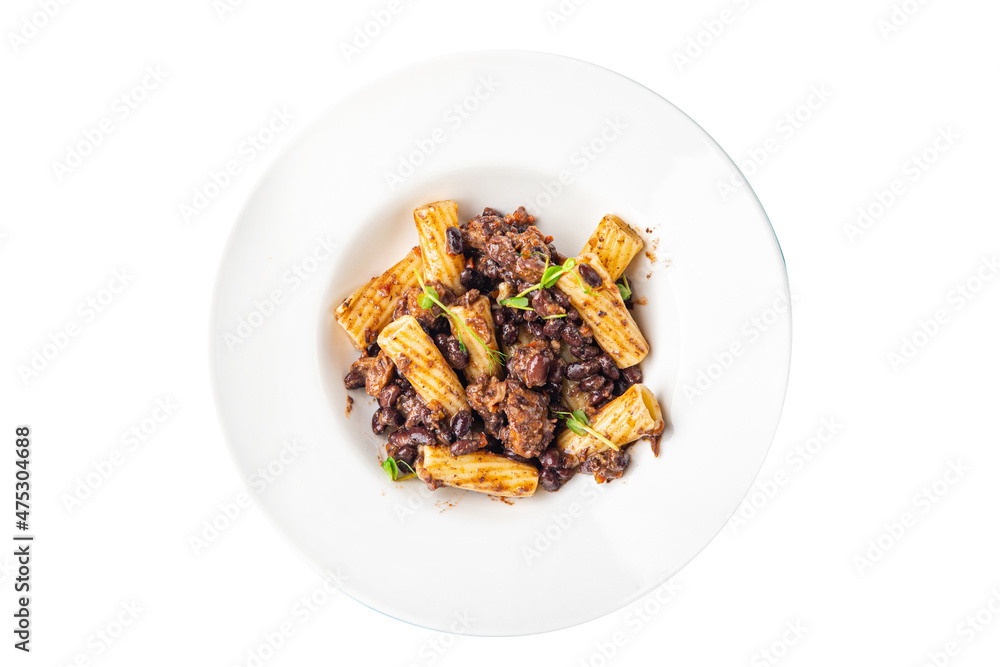 rigatoni pasta beans sauce healthy meal food diet snack on the table copy space food background rustic. top view veggie vegan or vegetarian food no meat rigatoni pasta beans sauce healthy meal food diet snack on the table copy space food background rustic. top view veggie vegan or vegetarian food no meat