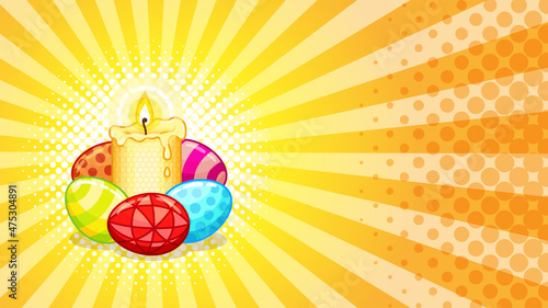Vector Yellow beeswax candle with easter eggs Yellow on a pop art Background with radial lines and dots