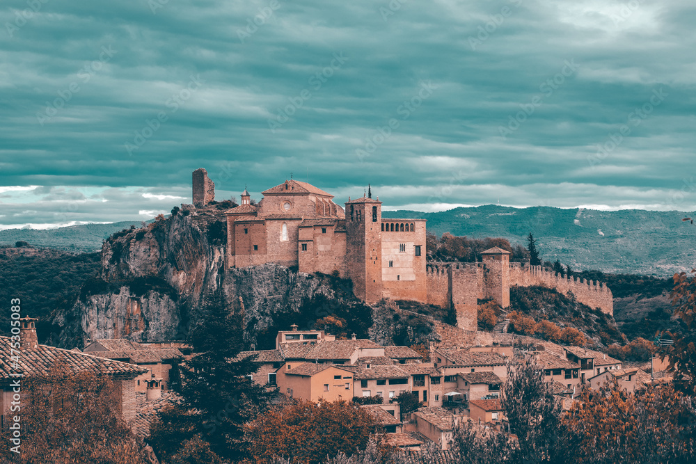 View of the typical spanish medieval village of Alquezar above Vera river in Aragon region, Huesca, Spain