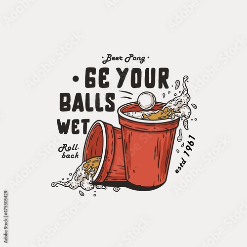 Beer pong game. T-shirt print with beer cups and flying ball for design competition or tournament in bar. Alcohol sport with throw and drink. College challenge with booze