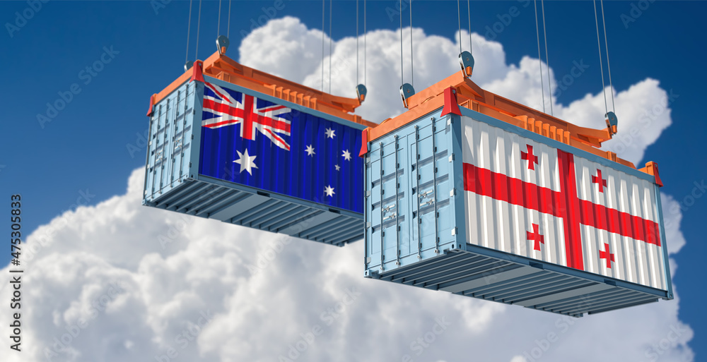 Freight containers with Georgia and Australia national flags. 3D Rendering 