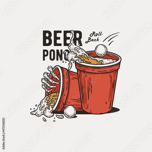 Beer pong game. T-shirt print with beer cups and flying ball and skeleton hand for design competition or tournament in bar. Alcohol sport with throw and drink. College challenge with booze