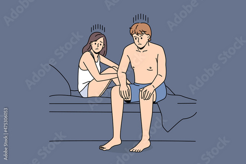 Problems in close communication concept. Young frustrated man with negative messy emotions sitting on edge of bed after spending night with woman vector illustration 