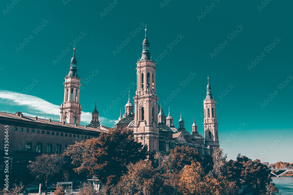 Zaragoza, Spain. View of baroque Basilica de Nuestra Senora del Pilar on sunny day