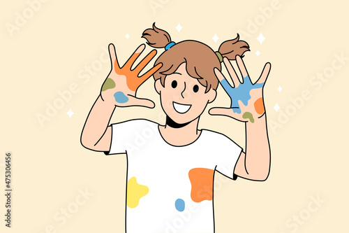 Drawing painting and children fun concept. Smiling girl kid standing showing hands with colorful dots after painting feeling cheerful vector illustration 