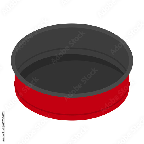 Round baking pan. Kitchen utensil, isolated on white background. Metal baking dish for desserts.