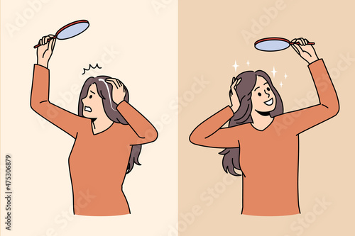 Grey hair and colored hair concept. Frustrated stressed woman seeing grey hair on head and happy one with colored hair looking at mirror vector illustration 