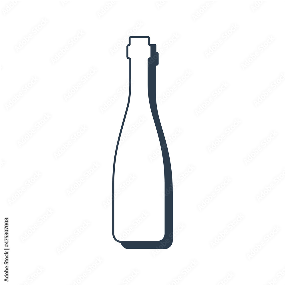 Wine bottle. Alcoholic drink for parties and celebrations. Simple black line shapes isolated. Black and white illustration on white background. Flat design style for any purposes Wine bottle. Alcoholic drink for parties and celebrations. Simple black line shapes isolated. Black and white illustration on white background. Flat design style for any purposes