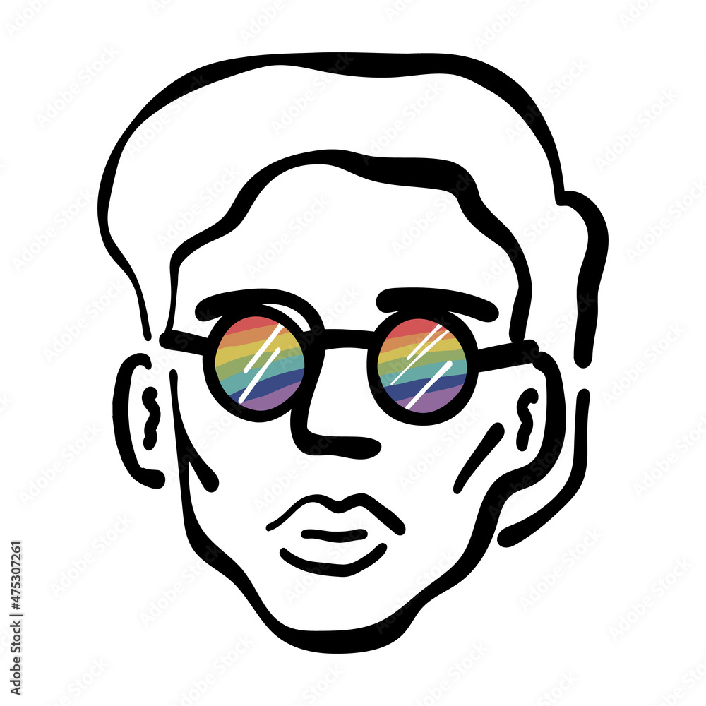 Optimist, positive thinking, changing reality. Young man wearing round eyeglasses with a rainbow visible through. Optimist, positive thinking, changing reality. Young man wearing round eyeglasses with a rainbow visible through.
