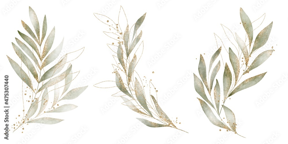 Watercolor Gold glitter arrangements with leaves, herbs. Herbal illustration. Botanic composition for wedding, greeting card. Watercolor wreathes and frames. - obrazy, fototapety, plakaty 