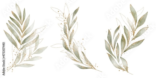 Watercolor Gold glitter arrangements with leaves, herbs. Herbal illustration. Botanic composition for wedding, greeting card. Watercolor wreathes and frames.
