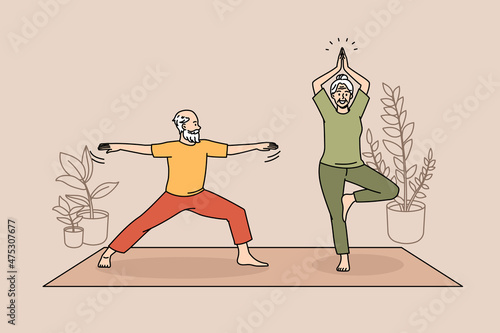 Healthy active lifestyle of elderly people concept. Smiling senior couple woman and man practicing yoga on fitness mat at home together vector illustration 