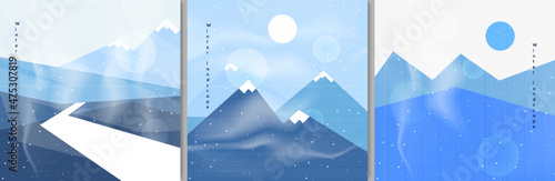 Vector illustration. Set of abstract winter. Landscape with mountains, hills, snowdrift, sun. Design for banner, poster, backdrop. 