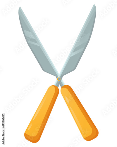 Vector illustration of a pruner with yellow handles in a flat style. Garden scissors for washing bushes isolated on white background