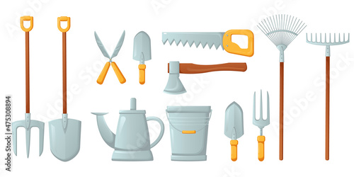 Gardening tools set isolated on white background. Shovel, bucket, pitchfork, rake, pruner, ax, saw, watering can, garden shovels and fork for loosening the earth. Vector illustration in a flat style