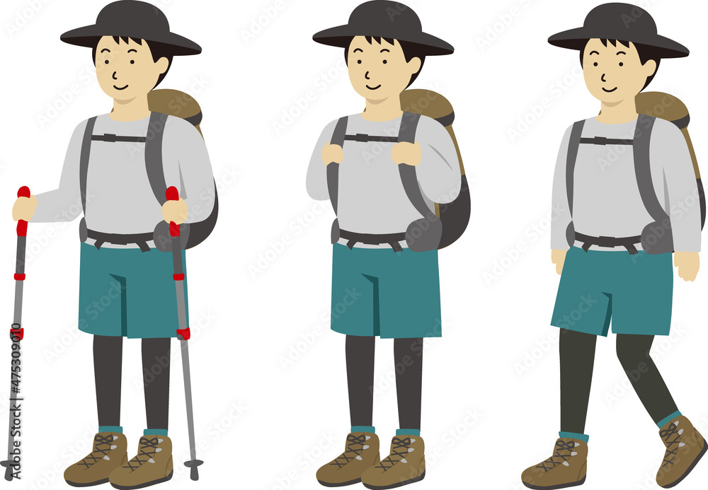 登山 ハイキングする男性イラスト トレッキングポール 立つ 歩く 3パターン Stock Vector Adobe Stock