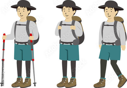 登山・ハイキングする男性イラスト(トレッキングポール、立つ、歩く)3パターン