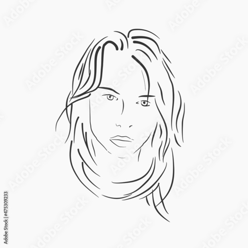 Handwritten female portrait, sensual maiden face, minimalist linear style, tender beauty girl in scarf with disheveled hair. Vector hand drawn illustration