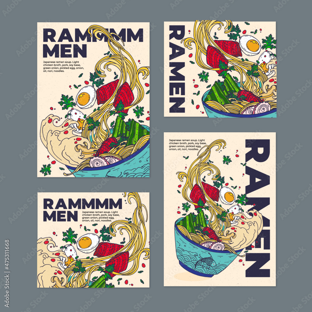 Obraz premium Vector flat cartoon illustration. Japanese ramen soup with herbs, egg, seaweed in a plate with fish