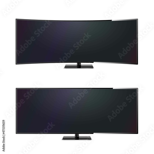 Vector realistic ultra wide curved modern computer LCD monitor. Front view television or computer black screen mock up. Isolated on white background.