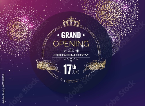 Grand opening background with fireworks and lights. Vector festive illustration in gold and purple colors.