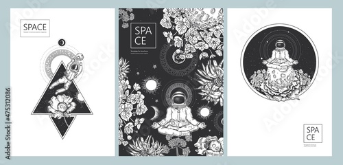 Set of space banners. Planets, flower and astronaut. Astronaut in the lotus position, flowers and moon.