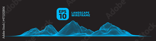 Abstract wireframe background. 3D Blue grid on black background. Technology illustration landscape. Digital Terrain Cyberspace in the Mountains with valleys. Data Array. | EPS10 Vector.
