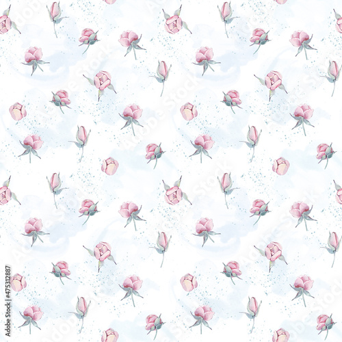 Vintage pink peonies with branches seamless pattern isolated. Watercolor hand drawn floral illustration on a white background. For mother, birthday, valentine, love cards, linen, wrapping.