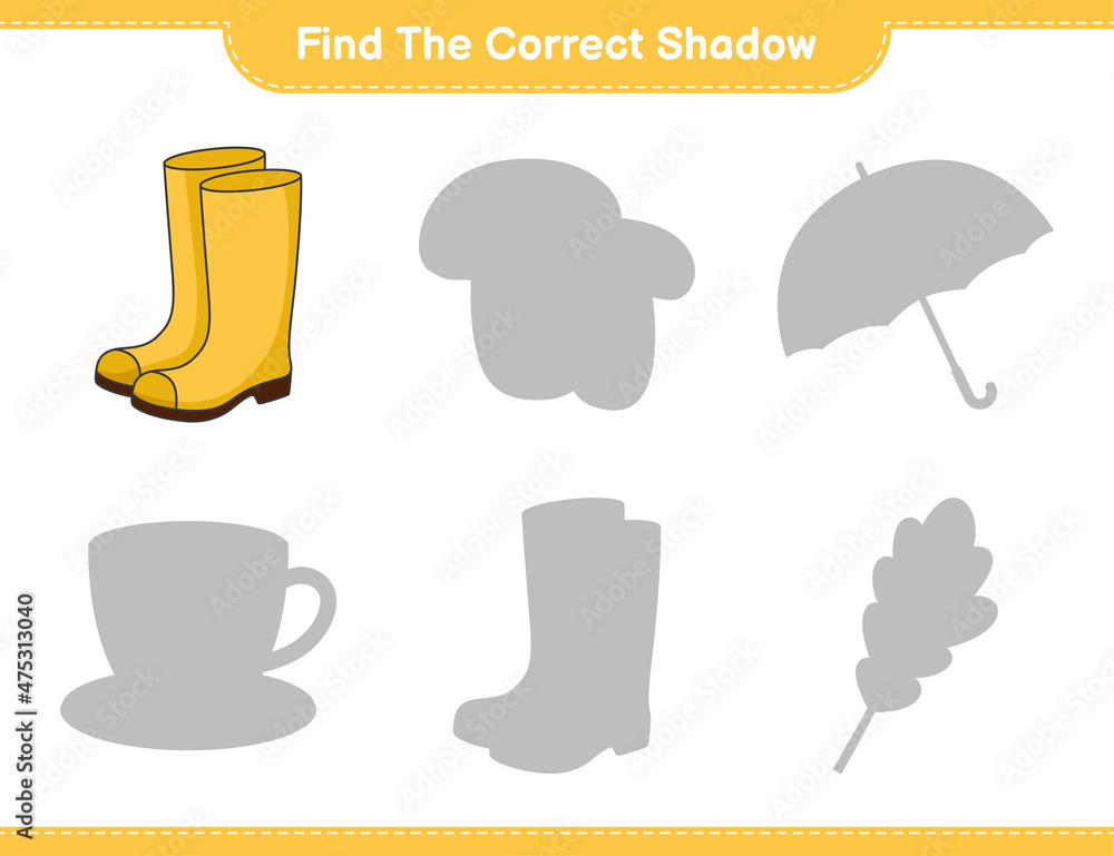 Find the correct shadow. Find and match the correct shadow of Rubber Boots. Educational children game, printable worksheet, vector illustration