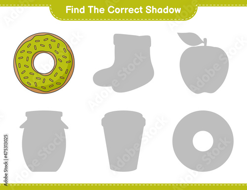 Find the correct shadow. Find and match the correct shadow of Donut. Educational children game, printable worksheet, vector illustration