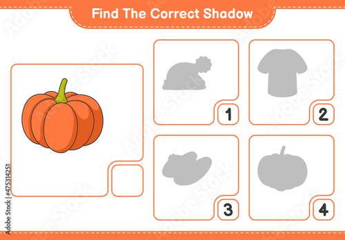 Find the correct shadow. Find and match the correct shadow of Pumpkin. Educational children game, printable worksheet, vector illustration