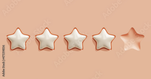 Five rating stars. Glossy reviews stars on peach background. Customer feedback or customer review concepts. Realistic 3D vector illustration