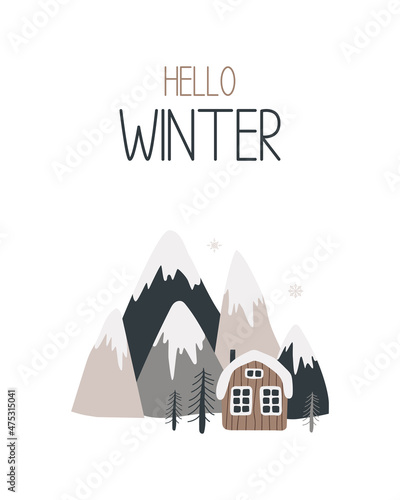 Vector illustration of a house in the mountains with trees, snow in a minimalist style. Hand drawn winter illustration in scandinavian style for children. For textiles, postcards, children's clothing