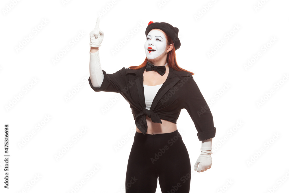 Portrait of a female mime artist performing, isolated on white background. Symbol of an idea, insight, Eureka Portrait of a female mime artist performing, isolated on white background. Symbol of an idea, insight, Eureka